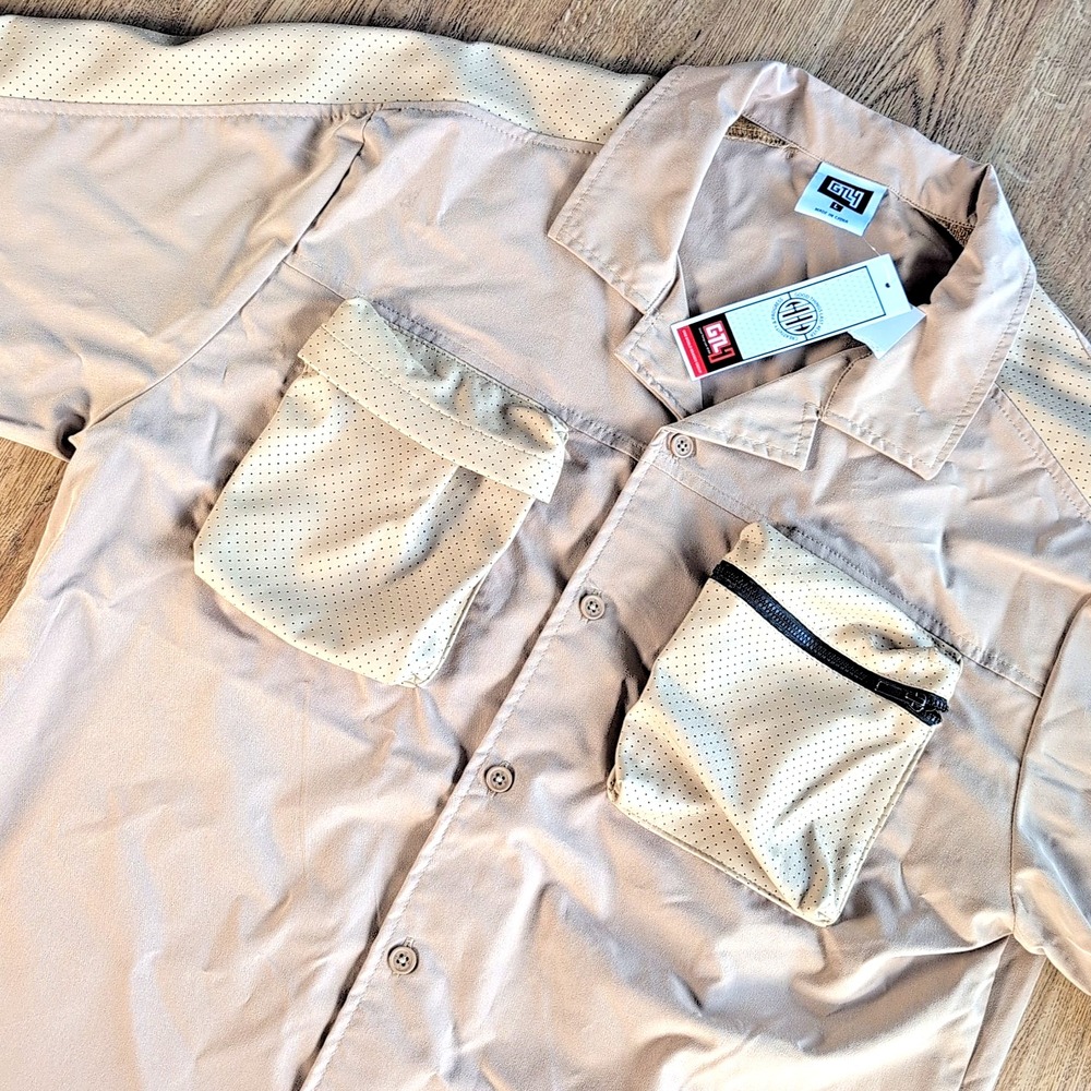 GTL4 Men's Size L Tan Button Front‎ Short Sleeve Mesh Zip Pocket Military - New